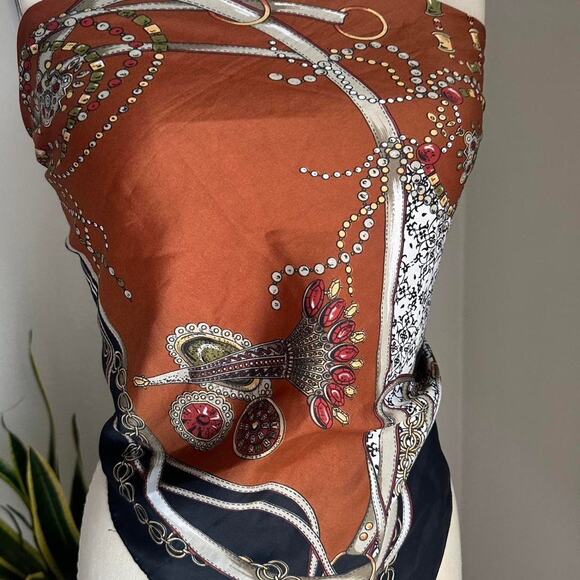 Burnt Orange Chain Print Scarf With Jewel Graphic, Styled as top - Picture 2 of 2